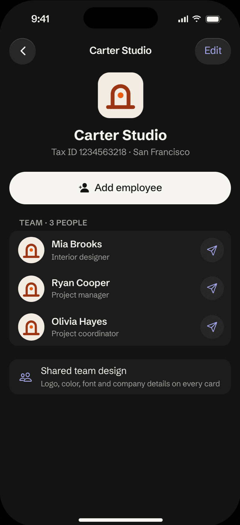 A company's team cards in Vizicard