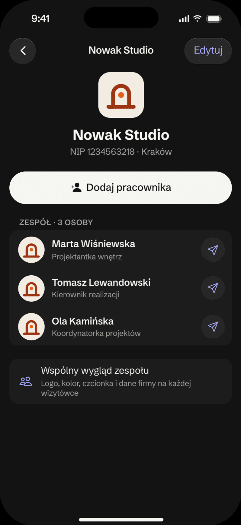 Wizytówki zespołu firmy w Vizicard