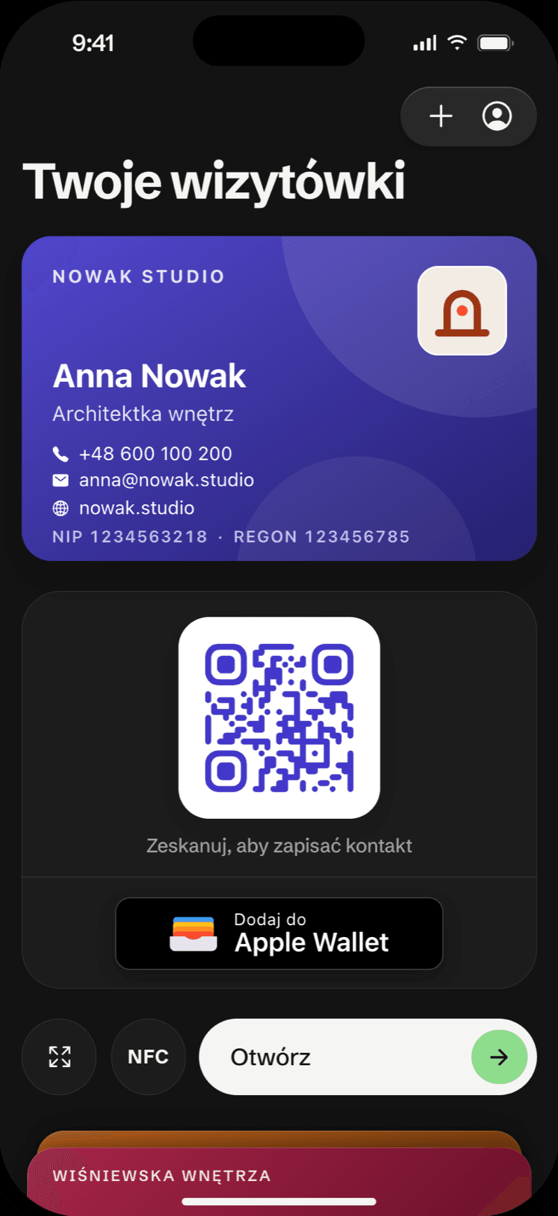 Wizytówka z kodem QR w Vizicard